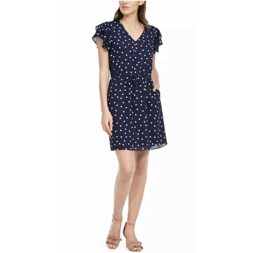 New Maison Jules Polka Dot V-Neck Casual Dress Blu